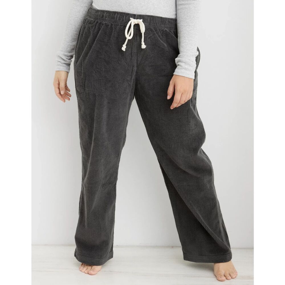 Aerie Corduroy Low Rise Pant Sz M Grey Loungewear Neutral Cozy Relaxed Stretch
